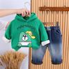 Suéter de manga larga con forro polar de invierno de dos piezas para niños y niñas, ropa informal coreana gruesa de dibujos animados, traje de tendencia