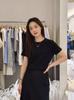 Corea del Sur Dongdaemun onza verano nuevo ins color sólido base estampado cuello redondo manga corta algodón camiseta para mujer que combina con todo