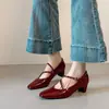 2 Sapatos Vermelhos de Salto Único Estilo Francês para Mulheres, Novos Sapatos de Couro Versáteis e Elegantes com Bico Quadrado, Sapatos Mary Jane Chunky de Salto Retro em Preto
