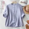 Camisa de gasa de algodón de doble capa con manga corta para mujer, nuevo estilo de verano 2026 con manga de farol, algodón suelto y suave, manga tres cuartos