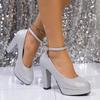 Zapatos de Tacón Alto de Punta Redonda Nuevos Zapatos de Tacón Grueso de Una Capa Impermeables Plataforma Zapatos Profesionales para el Trabajo Hebilla de Una Palabra Sexy Blanco Boca Baja Mujer