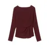 Top Morado de Seda de Morera Hombros Descubiertos para Mujer, Manga Larga, Nuevo Estilo Primavera y Otoño, Camiseta de Malla Ceñida a la Cintura para Mamás