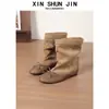 Botas de moda con lazo para mujer, nueva colección de otoño 2026, botines plisados retro, efecto adelgazante, con tacón oculto