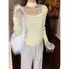 Blusa Top Renda Base com Gola Quadrada e Alças Pure Desire para Mulheres, Roupa de Baixo Outono e Inverno, Suéter de Malha de Alta Qualidade Slim Fit, Malha de Manga Longa