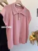 Polo Cinza Manga Curta Voadora Tricotado Seda Gelo Manga Curta Camiseta Feminina Verão Estilo Preguiçoso Elegante Solto Curto