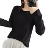Suéter de punto cruzado de hilo de algodón para mujer, ancho 2025 cuello redondo, capa base talla grande, dobladillo enrollado para mujer, top suéter suelto de otoño
