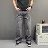 Botones Retro Americanos Gris Oscuro Salpicado Moda Jeans Hombres Otoño Sueltos Rectos Ropa de Trabajo Pantalones Largos hasta el Suelo