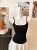 Camisola sexy e única com retalhos de renda, estilo duas peças falsas para mulheres, peça externa de verão sem mangas, slim fit, atacado
