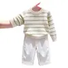 Nueva colección de otoño/invierno 2026 para niños estilo coreano: Suéter de punto color hueso con rayas verdes, combinado con pantalones blancos de pierna ancha - un conjunto de dos piezas