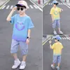 Roupas Infantis Meninos Verão Terno Degradê Crianças Maiores Esportivo Casual Manga Curta Jeans Conjunto de Duas Peças Atravessando Fronteiras Atacado Tendência