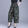 Novas Calças de Perna Larga Estilo Chinês Seda Amora Seda Cropped Casuais Cintura Elástica Soltas Jacquard Calças Botão Mulher Outono