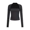 UNBDNS Top Ajustado de Color Sólido con Cuello Cuadrado para Mujer, Otoño, Ceñido a la Cintura, Ajustado, Adelgazante, Capa Base de Manga Larga, Top de Moda