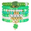 St Europeu e Americano. Pulseira Verde do Dia de São Patrício Empilhada com Contas de Argila Polimérica, Pingente Decorativo de Trevo de Quatro Folhas da Sorte Feito à Mão