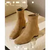 Botines skinny de ante con punta cuadrada retro para mujer, nueva colección otoño/invierno 2026, versátiles, que realzan la altura, con cremallera trasera, botines de tobillo y tacones gruesos.