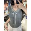 Camiseta de Manga Corta con Cuello Halter y Estilo Puro Deseo, Falsa Dos Piezas Cosida, para Mujer, Verano, Chica Caliente, Ceñida a la Cintura, Ajuste Delgado, Top Fruncido
