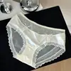 Calcinha de renda acetinada estilo francês para mulheres 2025 nova sexy de tule transparente cintura média forro de algodão macia fina confortável