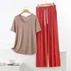 Pijama de Modal para Mujer, Estilo Veraniego Delgado, Tallas Grandes, Manga Corta, Pantalón Largo, Pantalón Casual Holgado de Pierna Ancha, Conjunto para Estar en Casa, Se Puede Usar Afuera
