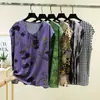 Camiseta Feminina de Algodão e Seda Estampada de Manga Curta e Gola Redonda para o Verão, Solta e Respirável, Camada Base de Viscose Tamanho Grande para Meia-Idade e Idosos