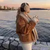 Casaco de Lã Retrô Americano Outono/Inverno 2025 para Mulheres, Jaqueta com Pele Integrada, Peça de Roupa Exterior da Moda em Cáqui