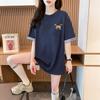 Camiseta de Manga Corta con Rayas Bordadas y Empalmes de Diseño Americano para Mujer en Verano para Cubrir el Vientre, Talla Pequeña Grande Holgada