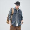 Lavagem Pesada Água Frito Sal Denim Japonês Retro Moda Marca Solta Casual Camisa Jaqueta Azul Cinza Preto Resistente ao desgaste