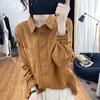 Camisa de algodón de manga larga con doble botonadura estilo coreano para mujer, top interior de primavera y otoño con cuello polo, diseño holgado, camisa básica