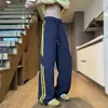 Calça casual masculina da moda em seda gelada, calça listrada com efeito de caimento, calça longa patchwork estilo americano de verão, corte reto solto