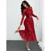 Comércio Exterior Roupas Femininas Amazon Transfronteiriço 2026 Novo Elegante e Estiloso Vestido Longo de Manga Longa com Bolinhas Slim Fit Gola Redonda com Laço