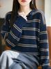 Suéter de Punto con Cuello de Piel Sintética de Mapache Otoño/Invierno 2025 Manga Larga para Mujer Bloque de Color Rayas Botones Jersey Camisa Base Top