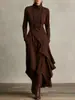 Moda Feminina Europeia e Americana 2025 Site Independente Amazon Primavera e Outono Venda Quente Cor Sólida Manga Longa Cruzado Gola Alta Vestido Saia Longa