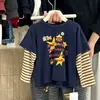 Ropa infantil coreana, lindas camisetas a rayas de dibujos animados, camisetas tipo dos piezas, tops elegantes y holgados para niños y niñas