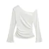 26117-26 Otoño Estilo Coreano Ajuste Delgado Cuello Asimétrico Temperamento Mangas de Campana Divididas Hombros Descubiertos Manga Larga Jersey Camiseta Superior