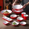 Pratos de Melamina Xiangyuanmei Pratos Comerciais Vermelho Branco Espessados Redondos Hotel Panela Quente Prato de Buffet Configuração Pratos de Restaurante
