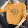 Camiseta Branca 100% Algodão Masculina Manga Longa Gola Redonda Tendência Estampa de Letras Camisa para Camadas Inferiores Camiseta 100% Algodão