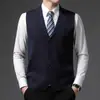 Colete Cardigan de Tricô Masculino de Botão Único para Outono e Inverno, Colete Interno de Lã Liso, Suéter Masculino Sem Mangas para Negócios