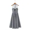 Comércio exterior transfronteiriço vestido longo de gola halter elegante moda retrô francês com retalhos de renda xadrez pied-de-poule afina a cintura
