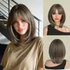 Peluca para mujer estilo europeo y americano, castaña con reflejos grises, cabello corto lacio, flequillo de lado, adecuada para uso diario y fiestas, hecha de fibra resistente al calor, 14 pulgadas