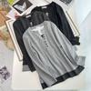Camiseta casual de manga larga con cuello en V falso de dos piezas para mujer talla grande, top Joker 4906, nuevo para otoño, hermana con 200 kg