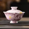 Tigela Coberta de Margaridas Roxas Pintadas à Mão do Fabricante Tigela de Chá de Cerâmica Exquisite com Tampa Conjunto de Chá Kung Fu de Alta Qualidade Caneca de Chá