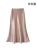 Saia Midi Acetinada de Acetato Plus Size Petite com Caimento Feminina Primavera Verão Cor Sólida Cintura Alta Bodycon Saia Sereia Comprimento Médio