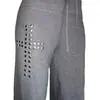 Pantalones Grises de Pierna Ancha, Ajustados, Suaves, Cómodos, Casual, Estilo Retro Nuevo, Estampado de Remaches de Estrella de Cinco Puntas, Nicho para Mujer