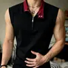 Chaleco Patchwork Desestructurado para Hombre, Camiseta de Fitness de Verano con Media Cremallera Estilo Americano con Diseño de Cuello Alto, Top Casual