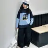 Conjunto de outono para meninas, moletom moderno com desenho e calça casual, conjunto de duas peças para meninas mais velhas, moda infantil estilo coreano