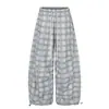 Pantalones Casuales a Cuadros Retro Americanos con Bordado y Estampado, Pantalones de Pierna Ancha para Hombres y Mujeres, Corte Holgado, Versátiles, Cordón, Pantalones Convertibles