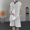 Conjunto de chaleco deportivo estilo americano para hombre, casual de verano, corte holgado, talla grande, conjunto de shorts sin mangas de cuello en V de dos piezas simuladas