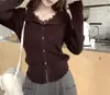 Camisa de Base Tricô Manga Longa Feminina, Gola V em Renda, Falso Duas Peças, Slim Fit, Novo Lançamento Outono/Inverno