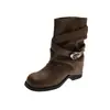 Hebilla de cinturón retro 2026 botas de cuero con caña plisada, nuevo estilo de otoño, botines de tacón grueso para mujer, botines cortos de moda