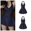 Venta al por mayor transfronteriza de ropa para mujer: Vestido de estilo retro 2026, sexy, de cuello halter, escote en V, sin espalda, a cuadros, con cinturón para atar, de línea A