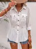 Camisa Ligera de Gasa Estilo Europeo y Americano para Mujer con Cordón para Ajustar la Cintura, Solapa, Bolsillos de Trabajo, Mangas Enrollables, Top Pequeño con Temperamento