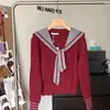 Estilo Coreano Outono e Inverno Novo Doce Redutor de Idade Simples Azul Marinho Estilo Academia Gola Xale Colorida Contrastante Pequeno Cardigã de Tricô para Mulheres
